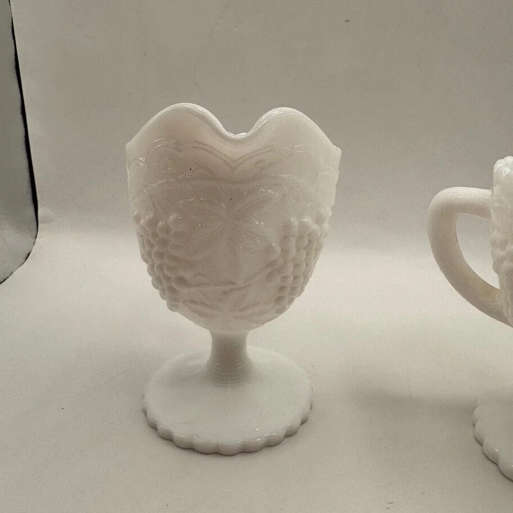 Imperial Glass Cream and Sugar Set White Milk Glass Vintage Grape Pattern Footed